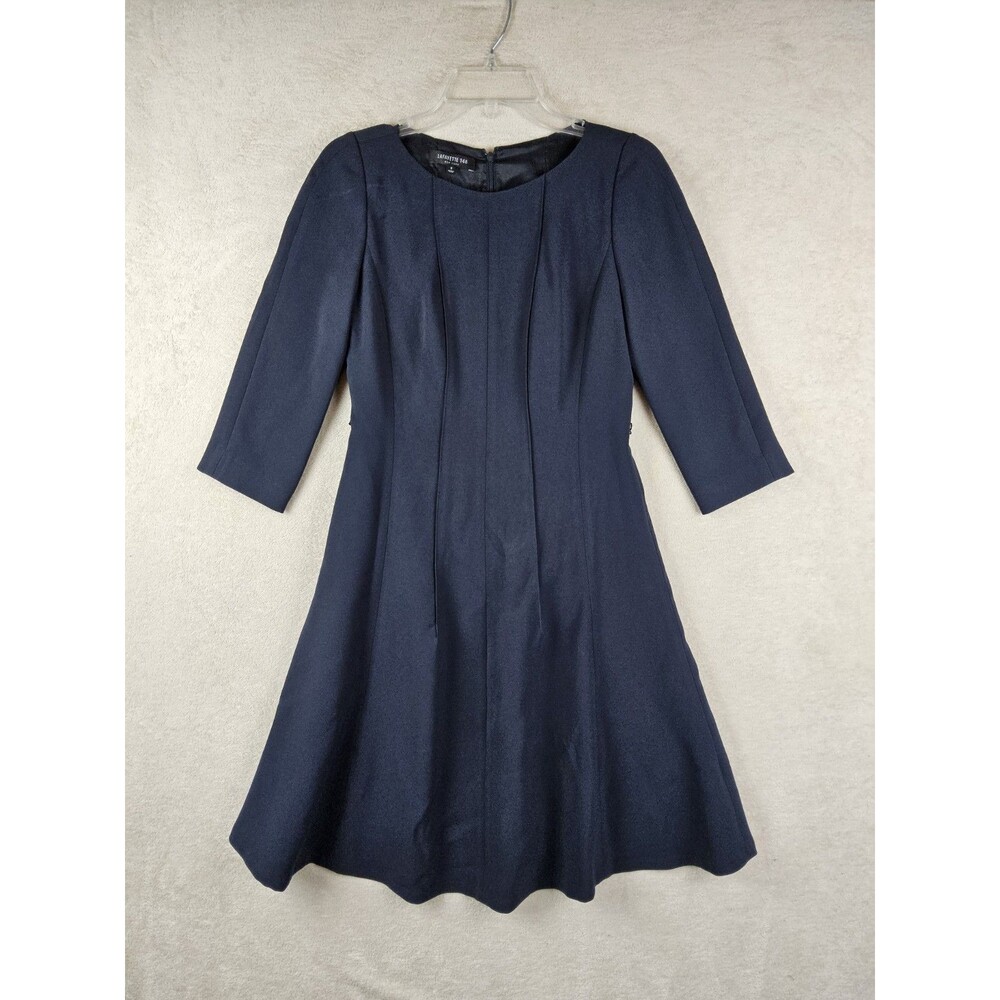 Lafayette 148 Women's 3/4 Sleeve Permanent Pleat Lined Dress Navy Size 0
